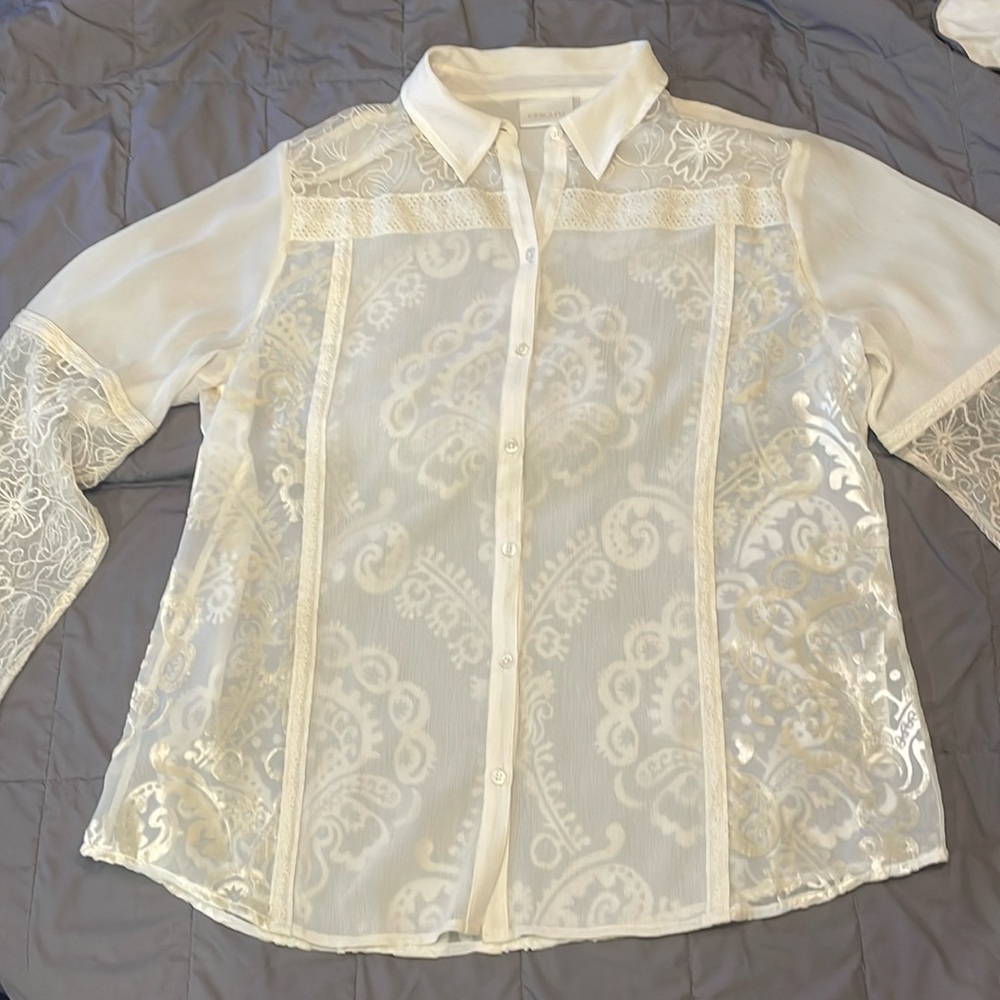 Chico’s Lace Button Blouse - Cream - Velvet Back Pattern - size 2